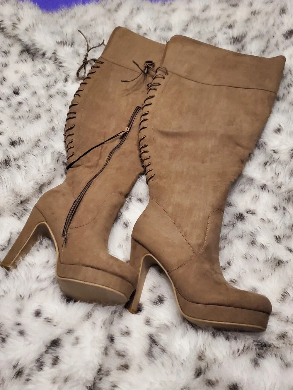 Women's EXTRA WIDE CALF Plus Size Over The Knee Lace-Up Platform Boots Tan Suede